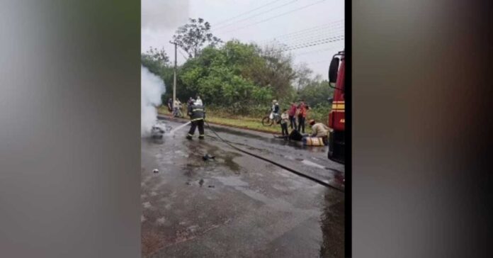 Moto pega fogo após colidir contra vaca em Aquidauana