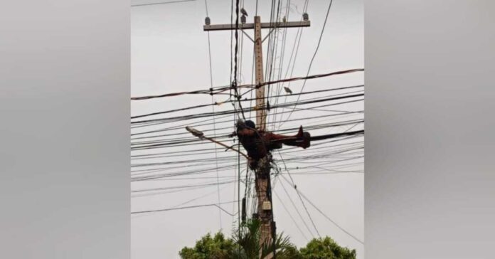 Homem é flagrado tirando soneca em fios de rede elétrica no Ouro Verde