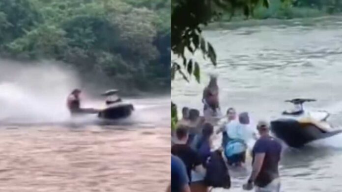 Piloto vai fazer manobra com jet ski, cai na água e quase acerta banhistas em Coxim (vídeo)