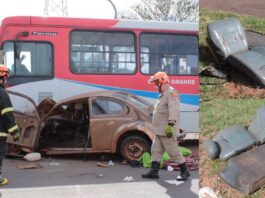 Batida de Fusca em ônibus fez bancos 'voarem' por 15 metros na Guaicurus (vídeo)