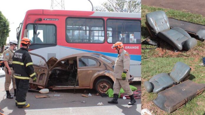 Batida de Fusca em ônibus fez bancos 'voarem' por 15 metros na Guaicurus (vídeo)