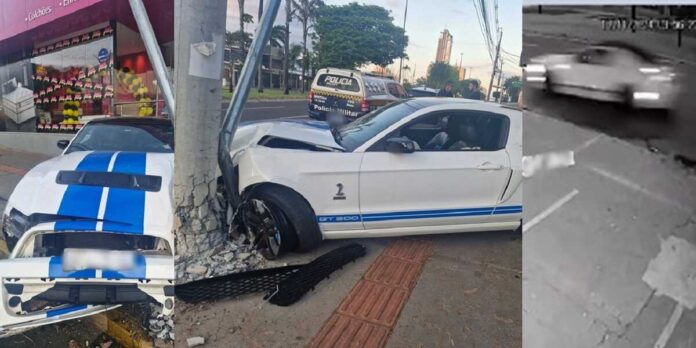 Mustang invadiu a contramão antes de se arrebentar em poste na Afonso Pena (vídeo)